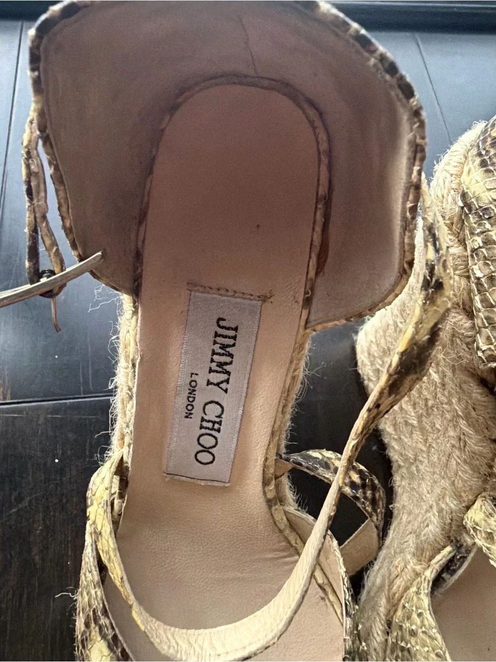 Jimmy Choo Gold Snakeskin Wedge Sandals with Ankle Strap